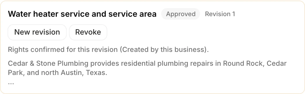 Approved water-heater service FAQ showing its approval status, rights confirmation, and the answer for Cedar & Stone Plumbing.