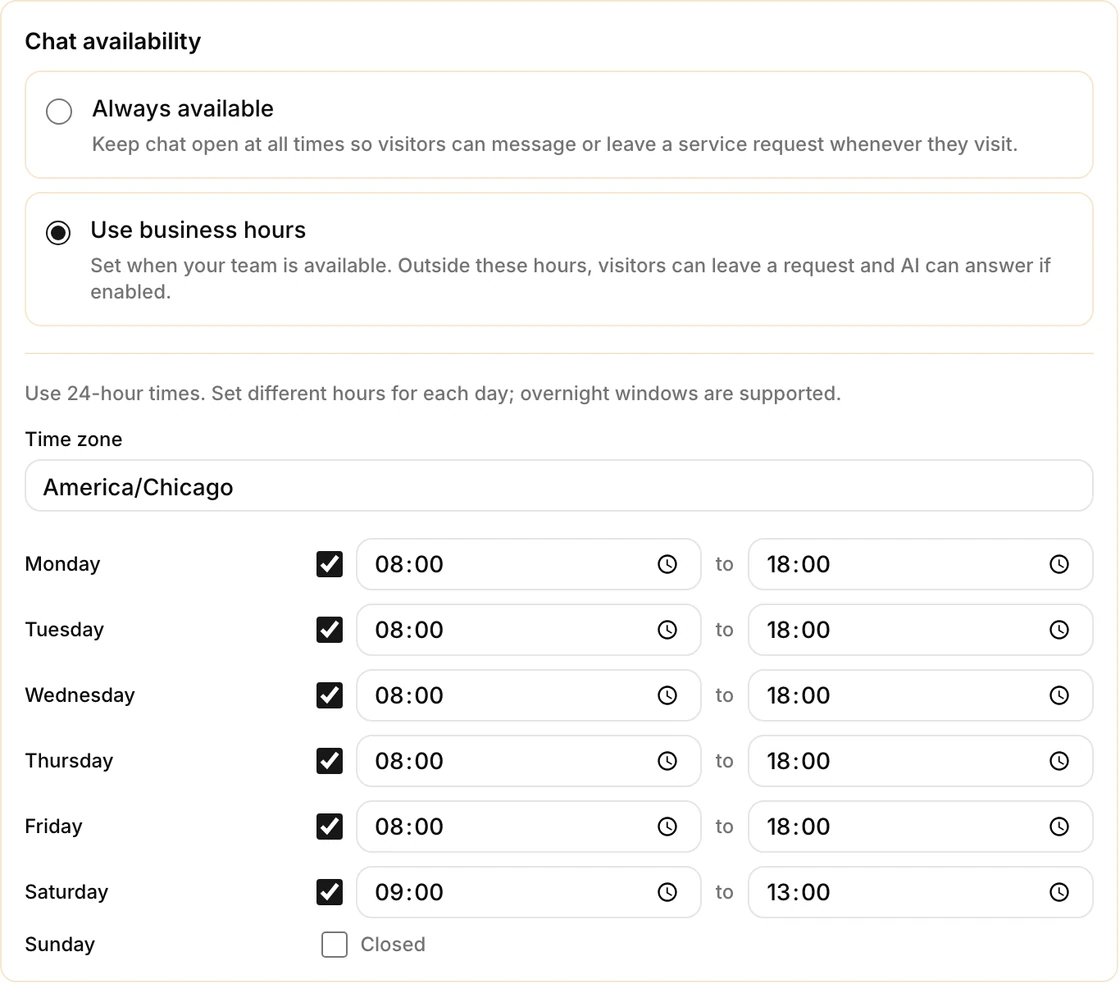 Customer Chat availability settings with weekday hours in the America/Chicago time zone and weekends closed.