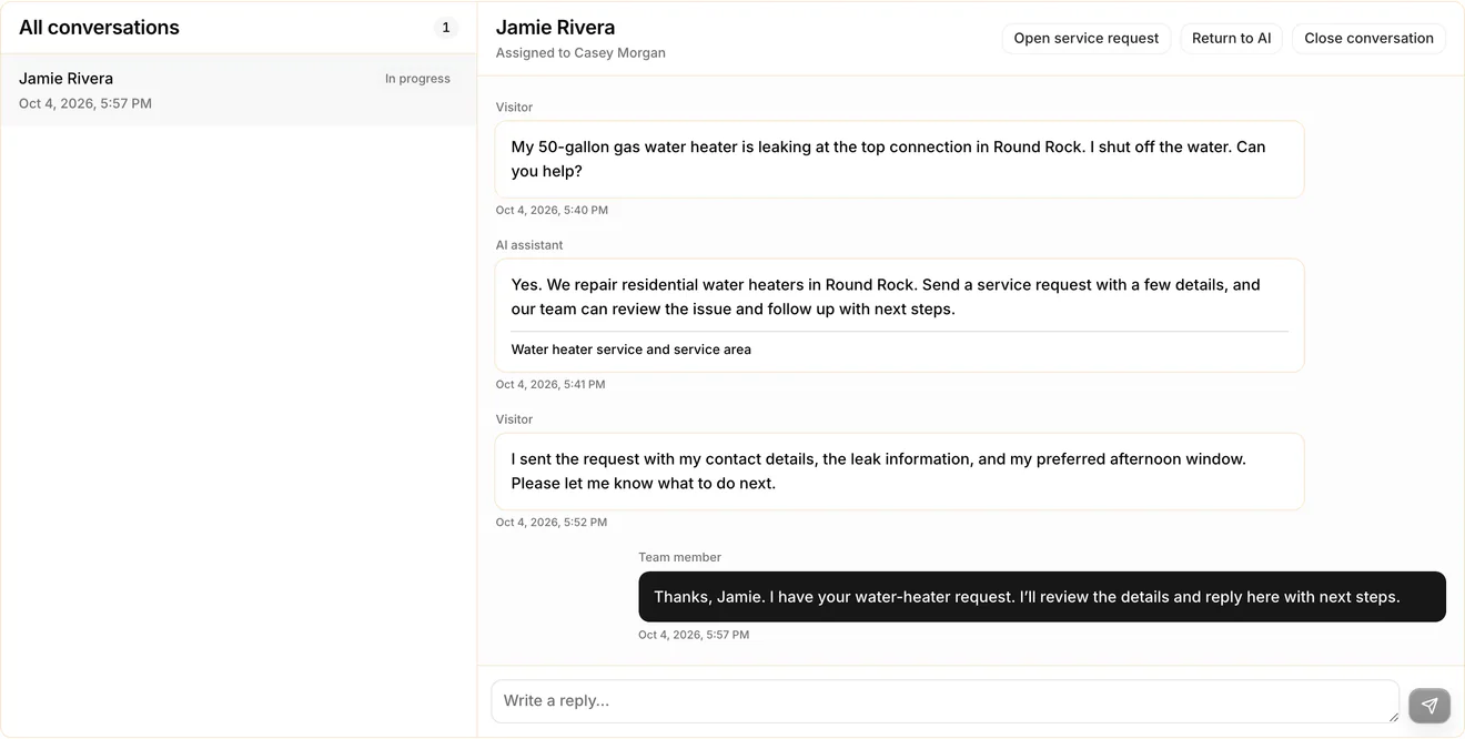 FieldRobin Customer Chat inbox with Jamie Rivera's selected conversation, the AI answer, a submitted service request, and the business owner's reply.