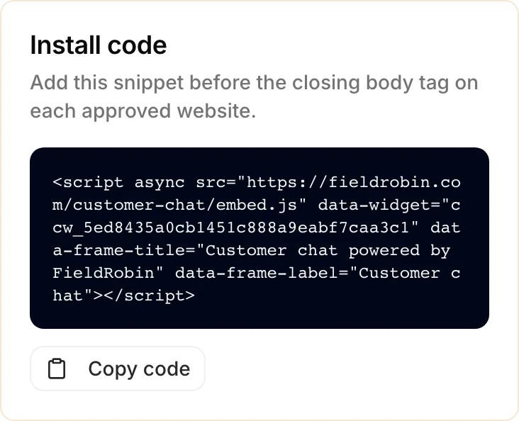Customer Chat install-code card in FieldRobin setup, with install instructions and a copy-code button.