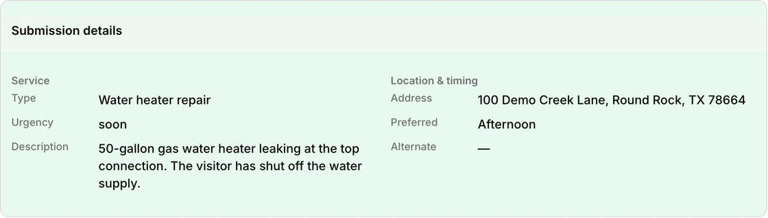 Complete service-request details card showing water-heater repair, the leak description, Round Rock address, and preferred afternoon window.