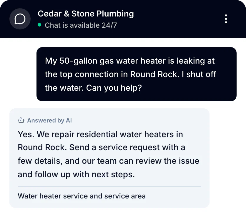 Customer Chat widget for Cedar & Stone Plumbing, showing a visitor's water-heater question and an AI answer based on approved business information.